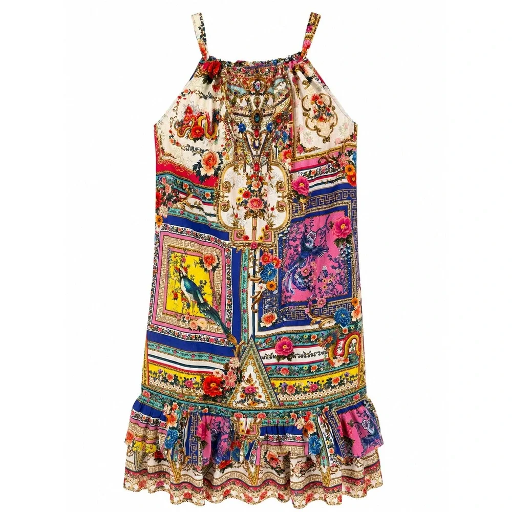 Milla by Camilla Trapeze Maxi Dress Multicolor Silk Cotton Embellished Ruffle 12